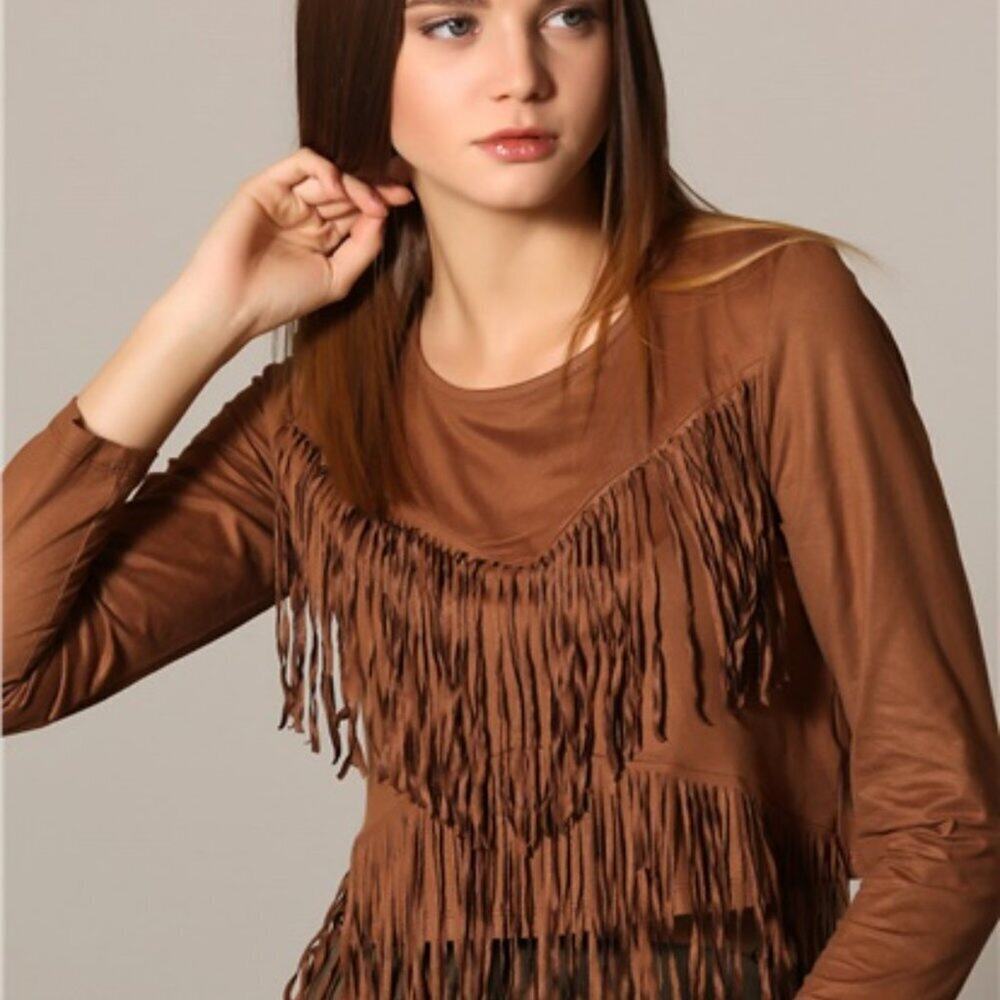 Women's Fringe Tassel Long Sleeve Fitted Blouse Small EUC